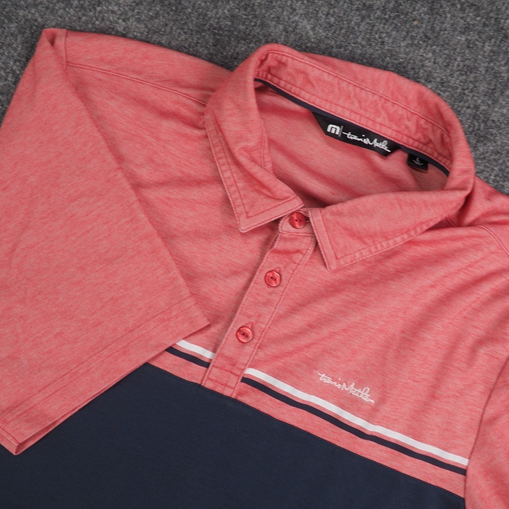 TravisMathew Polo Shirt Mens Large Colorblock Blue Red Short Sleeve Golf Active